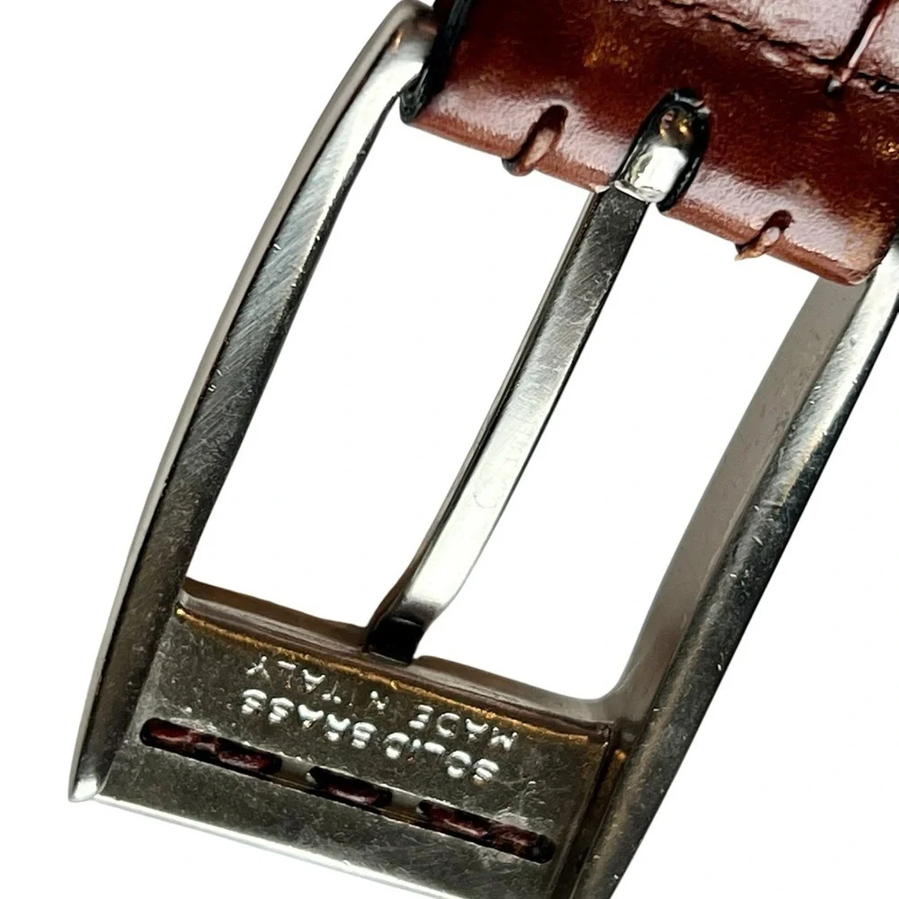 Vintage Brown Leather Belt Solid Brass Silver Buass Silver Buckle Unisex Classic